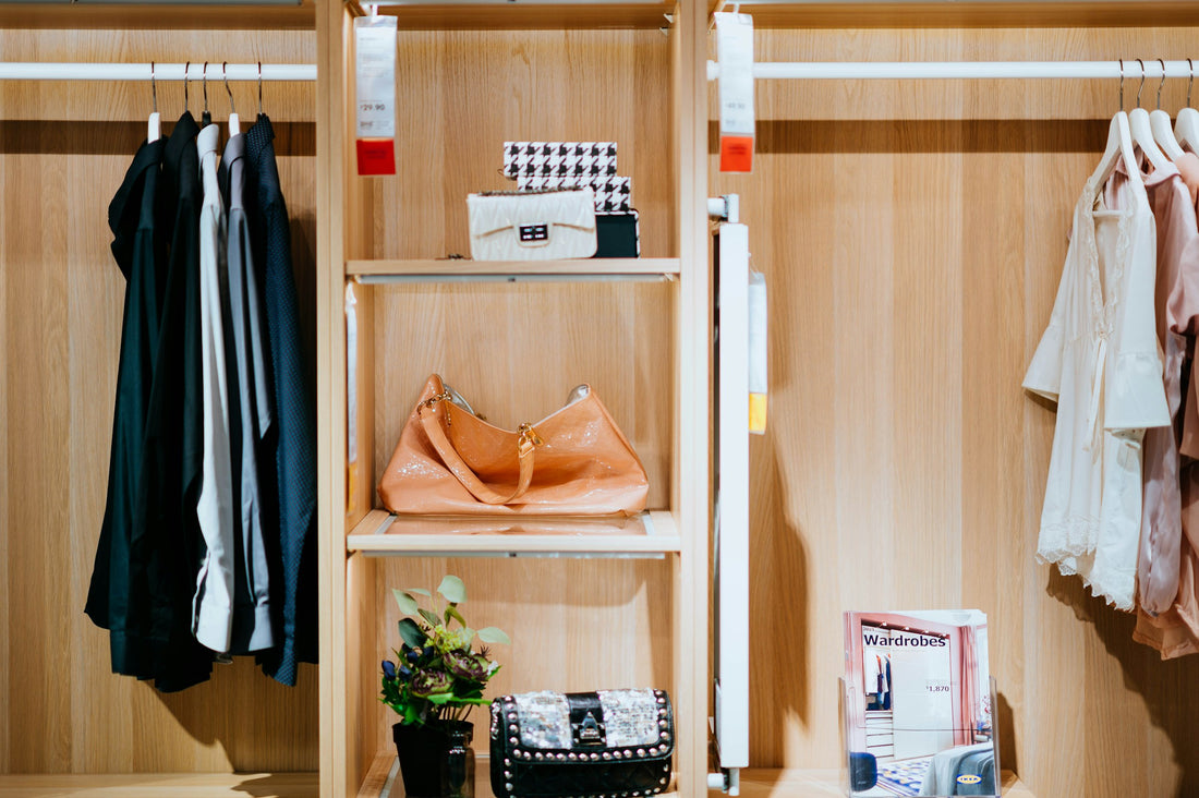 Brown leather bag on a wooden shelf