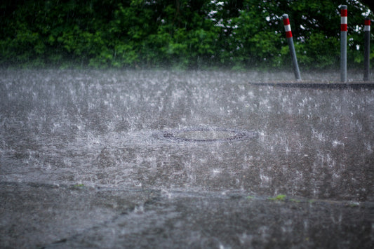 Rain droplets on pavement during monsoon