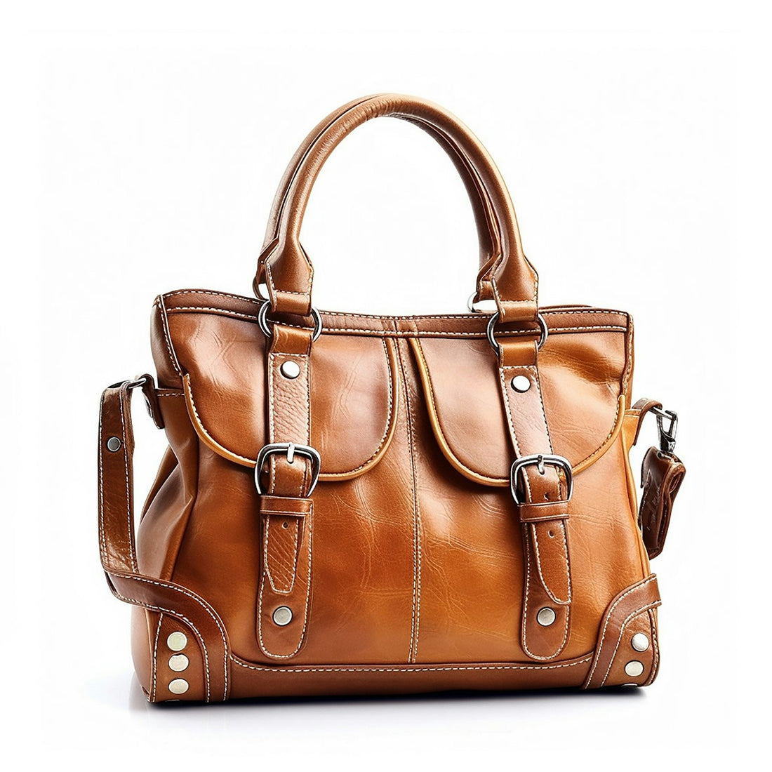 Brown leather handbag on white background